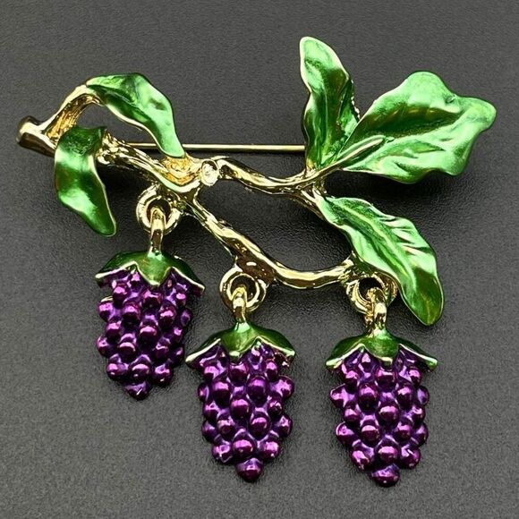 Yellow Gold with Purple and Green Enamel Dangling Grape Cluster Pin Back Brooch - Picture 1 of 7
